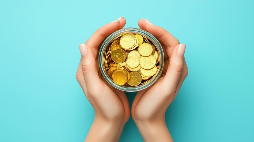 Las mujeres apuestan por la inversión en oro en 2025Woman holding glass jar full of golden coins on turquoise background